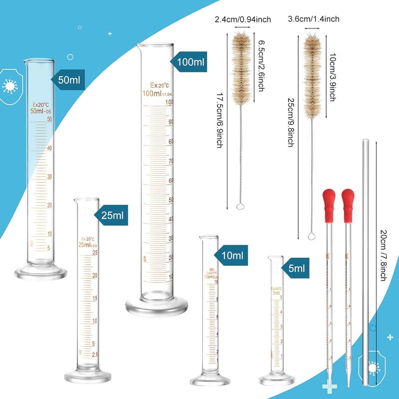 Jetec مجموعة أسطوانات قياس زجاجية سميكة 10 قطع 5 مل 10 مل 25 مل 50 مل 100 مل مع 2 فرشاة و 2 قطارة و 1 قضيب تحريك - Image 2